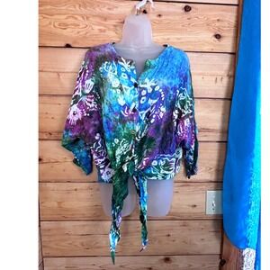 Vintage Asian Creations Tie Dye Batik Tie Front Batwing Rayon Purple Blue Green